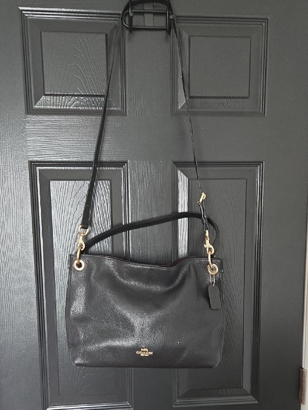 Coach Black Peppled Leather Shoulder Bag with Gold Hardware and Top Handle